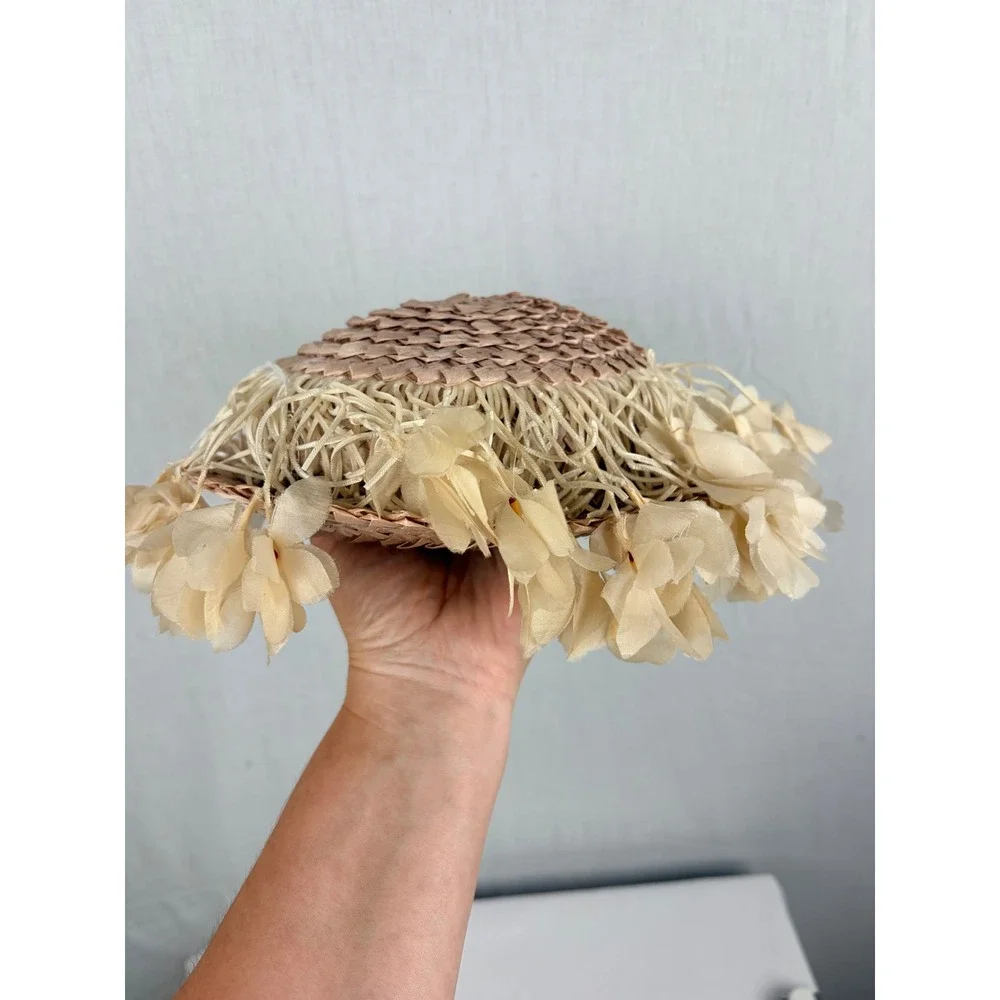 Jo Bailey Vintage Straw Pillbox Hat Velvet Bow Floral Tassels Tan Women